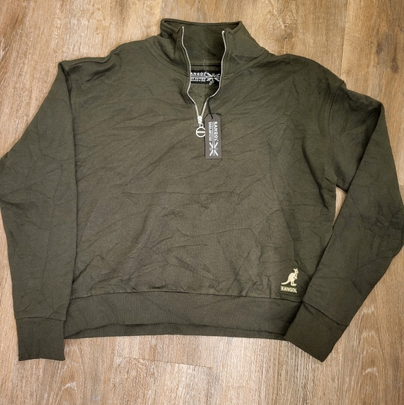 KANGOL Cropped Army Green 1/4 Zip Sweatshirt Size Large - Picture 4 of 8